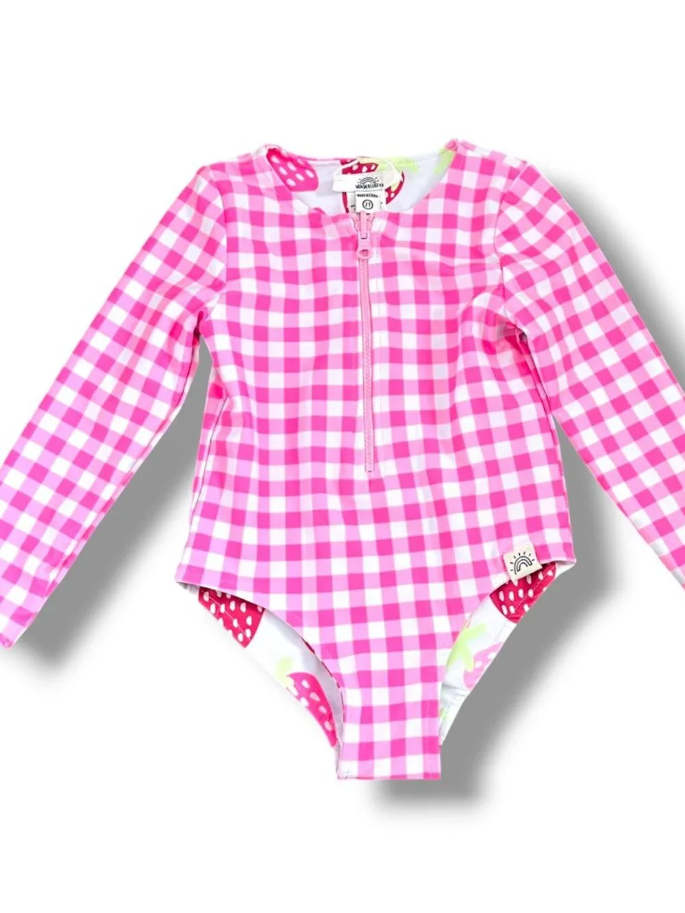 NWT Wonderlux Reversible Swimsuit Pink Gingham Strawberry Long Sleeve Zip 2T